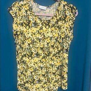 Tahari ASL Yellow and Black Floral Blouse